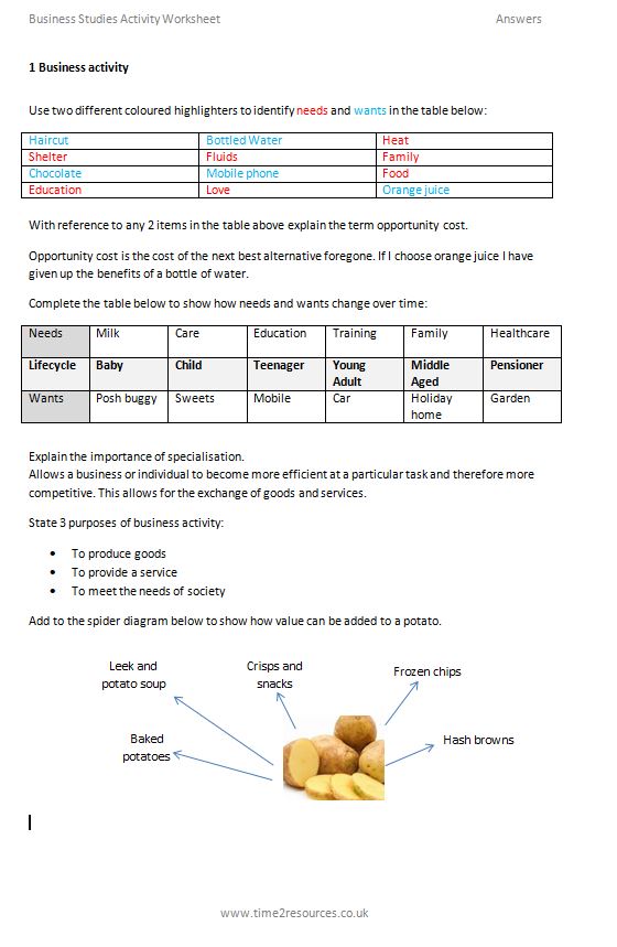 cambridge igcse business studies 0450 activity worksheets