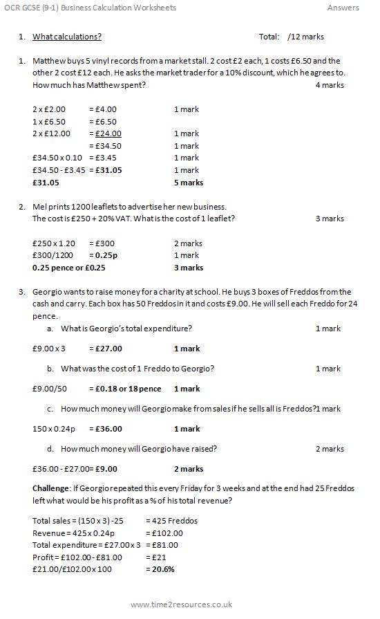 Ocr Gcse 9 1 Business Calculation Worksheets - 
